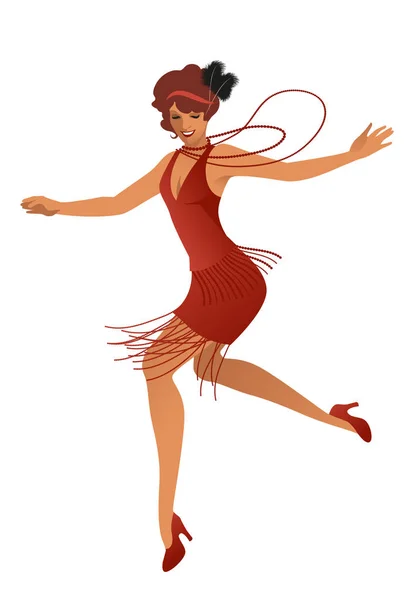 Funny flapper girl wearing vintage style clothes dancing charleston isolated on white background — 스톡 벡터