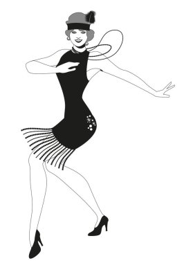 Beyaz arka planda soyutlanmış Charleston dansı yapan eski moda kıyafetler giyen komik flapper kız.