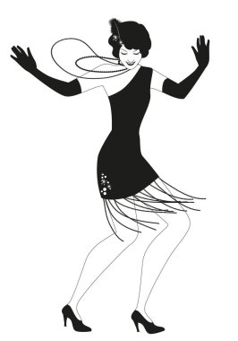 Beyaz arka planda soyutlanmış Charleston dansı yapan eski moda kıyafetler giyen komik flapper kız.