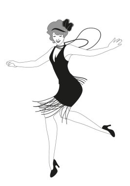 Beyaz arka planda soyutlanmış Charleston dansı yapan eski moda kıyafetler giyen komik flapper kız.
