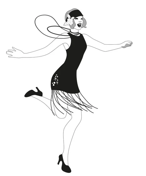 Funny flapper girl wearing vintage style clothes dancing charleston isolated on white background — 스톡 벡터