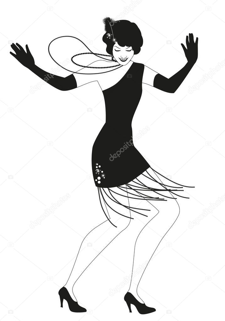 Funny flapper girl wearing vintage style clothes dancing charleston isolated on white background