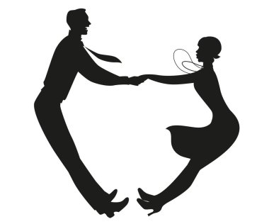 Beyaz arka planda izole bir şekilde dans eden eski moda kıyafetler giyen komik çiftin silueti.