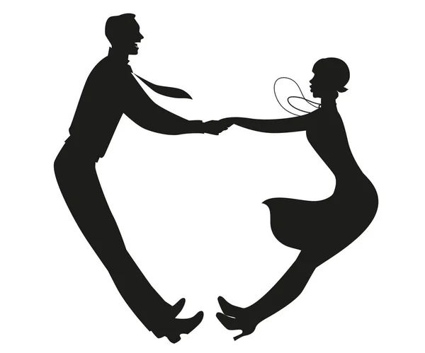 Silhouette de couple drôle portant des vêtements vintage dansant danse rétro isolé sur fond blanc — Image vectorielle