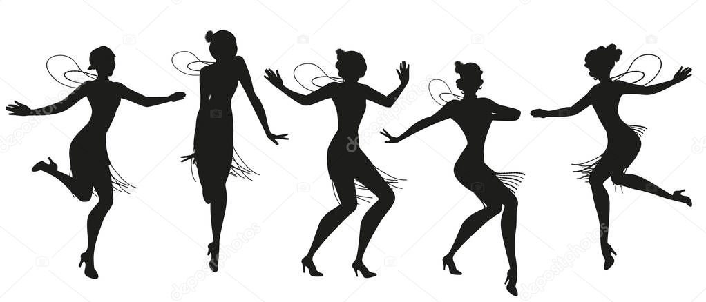 Silhouettes of five flapper girls wearing vintage style clothes dancing charleston isolated on white background