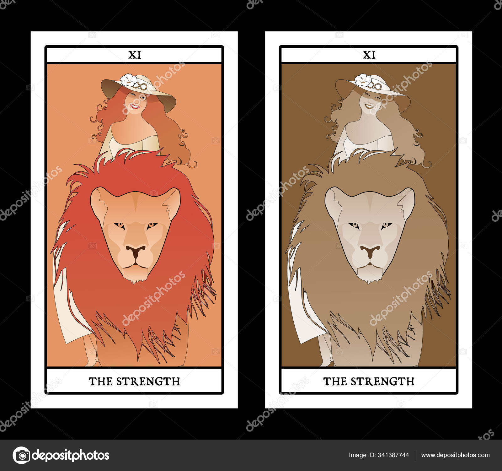 Major Arcana Tarot Cards The Strength Beautiful And Young Girl Wearing A Hat Adorned With A Flower And The Symbol Of Infinity Riding On The Back Of A Domesticated Lion Vector Major Arcana Tarot Cards The Strength Beautiful And Young Girl Wearing A Hat Adorned With A Flower And The Symbol Of Infinity Riding On The Back Of A Domesticated Lion Vector