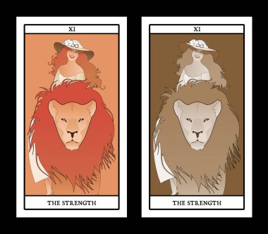 Major Arcana Tarot kartları. Gücü. Evcil bir aslan arkasında bir çiçek ve sonsuzluk sembolü ile süslenmiş bir şapka giymiş güzel ve genç kız sürme