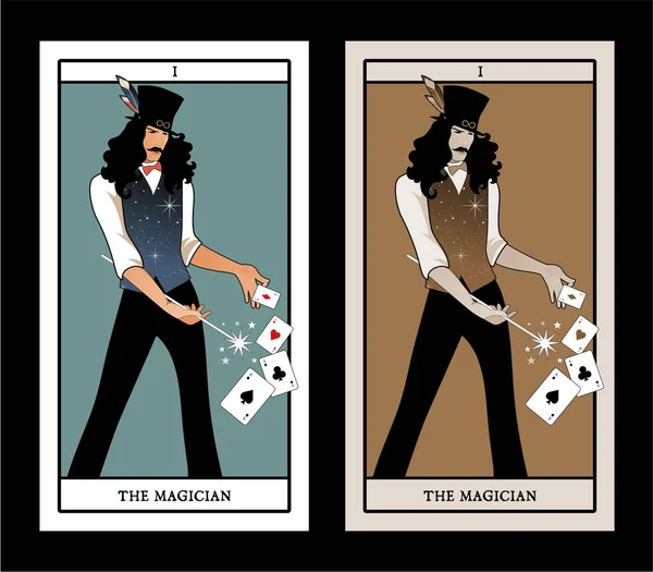 Cartas del Tarot Mayor Arcana. El Mago con bigote y sombrero de copa, sosteniendo una varita mágica haciendo magia con cartas . — Vector de stock