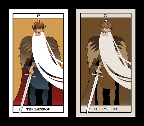 Cartas del Tarot Mayor Arcana. El Emperador. Hombre con corona y larga barba blanca, capa de piel y espada en la cintura — Archivo Imágenes Vectoriales