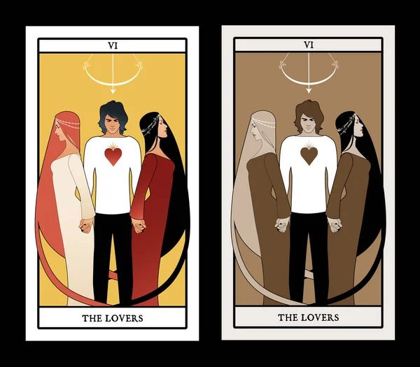Major Arcana Tarot Cards. The Lovers. Young man holding two beautiful women by the hand. T-shirt with heart on the chest and bow and arrow on his head — Stock Vector