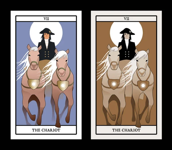 Κάρτες Ταρώ Major Arcana. Το άρμα. Άρμα που τραβιέται από δύο άλογα και οδηγείται από ένα κομψό αμαξάς με στολή και καπέλο από τον ήλιο — Διανυσματικό Αρχείο