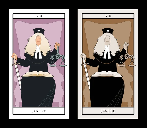 Major Arcana Tarot Cards. Justiça. Mulher vestida com uma peruca e roupas de juiz, segurando uma espada em uma mão e uma balança em outra, com um livro aberto no colo — Vetor de Stock