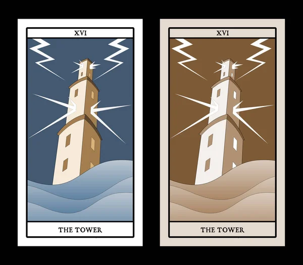 Major Arcana Tarot Cards. A Torre. Grande torre sobre o mar em fúria, sob a tempestade e ferido por um raio —  Vetores de Stock