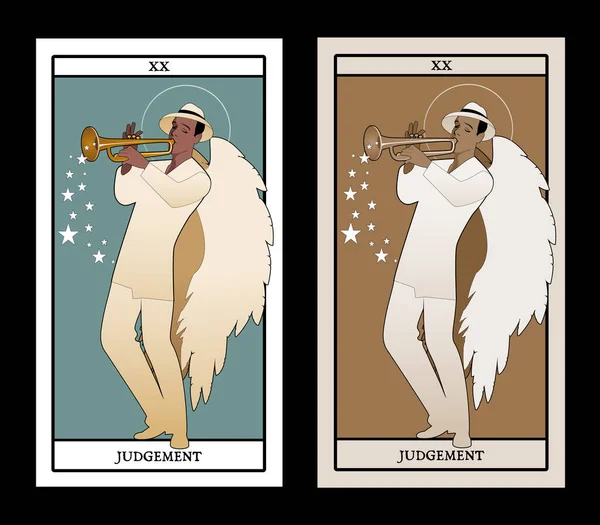 Major Arcana Tarot Cards. Julgamento. Arcanjo com grandes asas, usando chapéu tocando trompete — Vetor de Stock