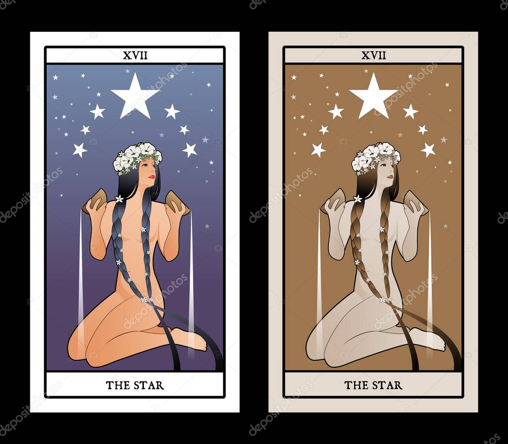 Major Arcana Tarot Cards. The Star. Beautiful girl naked under seven stars, pouring water from two golden bowls. She wears a wreath of flowers and long dark braids adorned with little flowers