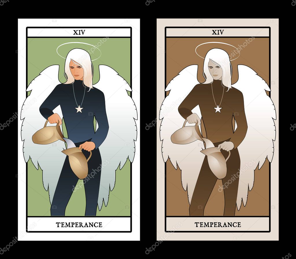 Major Arcana Tarot Cards. Temperance. Angel with appearance and clothes of young man, great wings, hair fair, pouring water from one jug to another