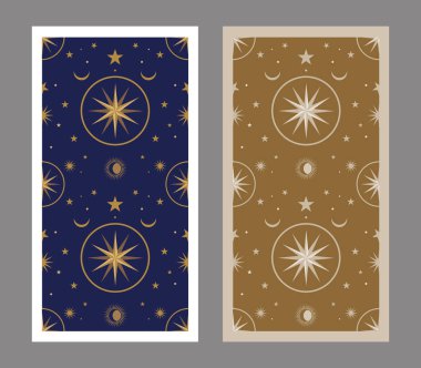 Tarot kartının arkasında yıldızlar, güneş ve ay var. Özgün arkaplan