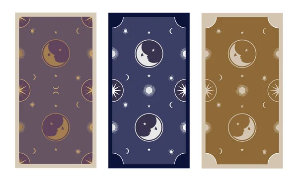Parte posterior de la tarjeta del Tarot decorada con estrellas, sol y luna. Contexto esotérico — Archivo Imágenes Vectoriales