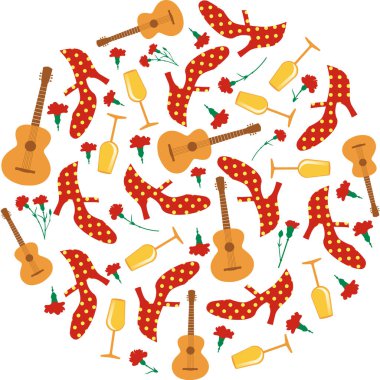 Spanish fair. Circular pattern of flamenco shoes, Spanish guitar, red carnations and wine glasses on white background vector Spanish fair. Circular pattern of flamenco shoes, Spanish guitar, red carnations and wine glasses on white background vector