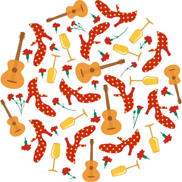 Feria de España. Patrón circular de zapatos flamencos, guitarra española, claveles rojos y copas de vino sobre fondo blanco — Vector de stock