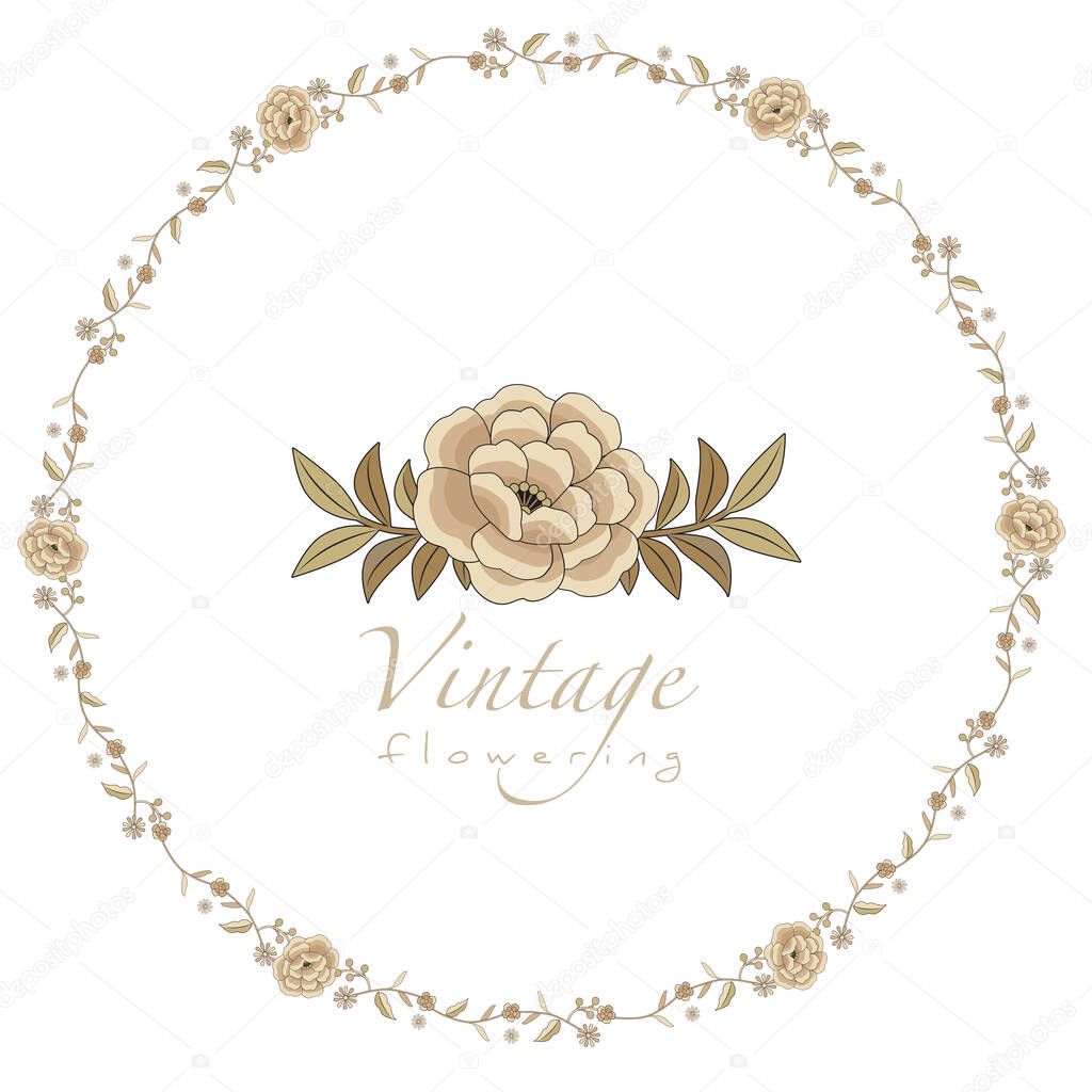 Wreaths or circular frames of stylized vintage retro flowers isolated on white background