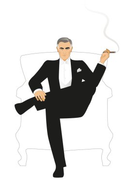 Palto giymiş şık bir beyefendi, bir koltukta oturuyor ve beyaz arka planda izole bir şekilde puro içiyor. Retro biçimi.