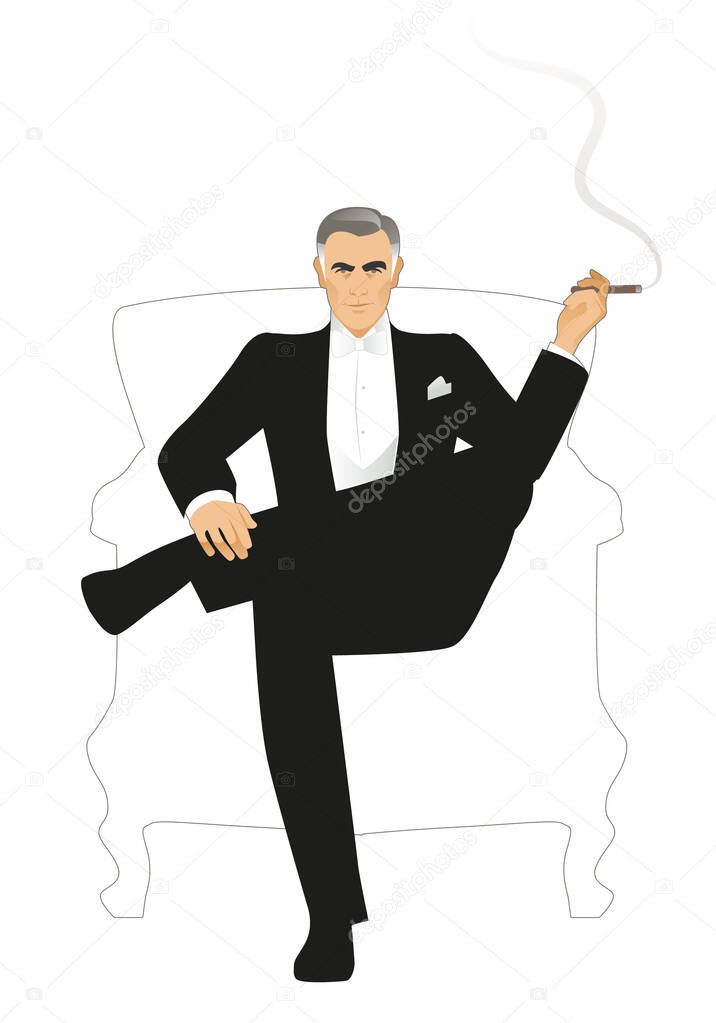 Elegant gentleman dressed in a tailcoat, sitting on an armchair and smoking a cigar, isolated on white background. Retro style.