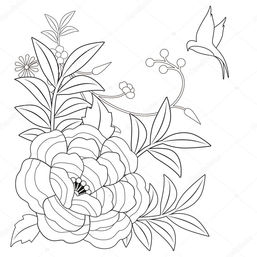 Stylized vintage retro flower and bird. Natural style brand logo isolated on white background