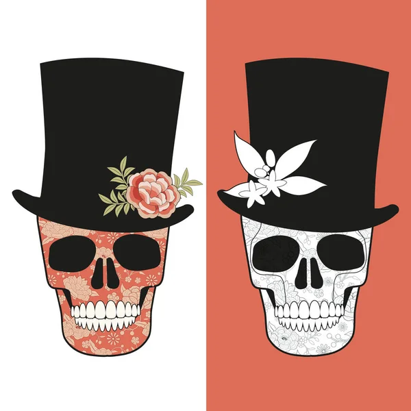 Çiçek Desenli Kafatasları Çiçeklerle Süslenmiş Silindir Şapkalar — Stok Vektör
