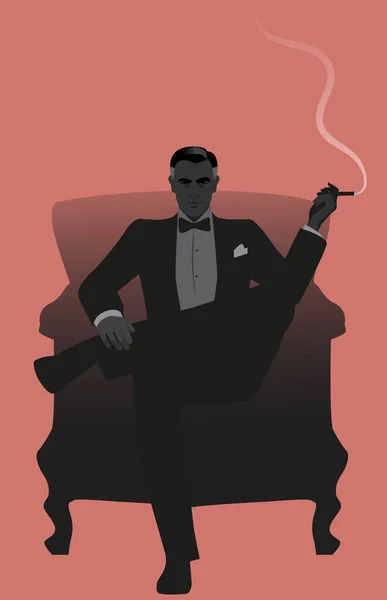 Elegante Caballero Vestido Con Frac Sentado Sillón Fumando Cigarro Aislado — Vector de stock