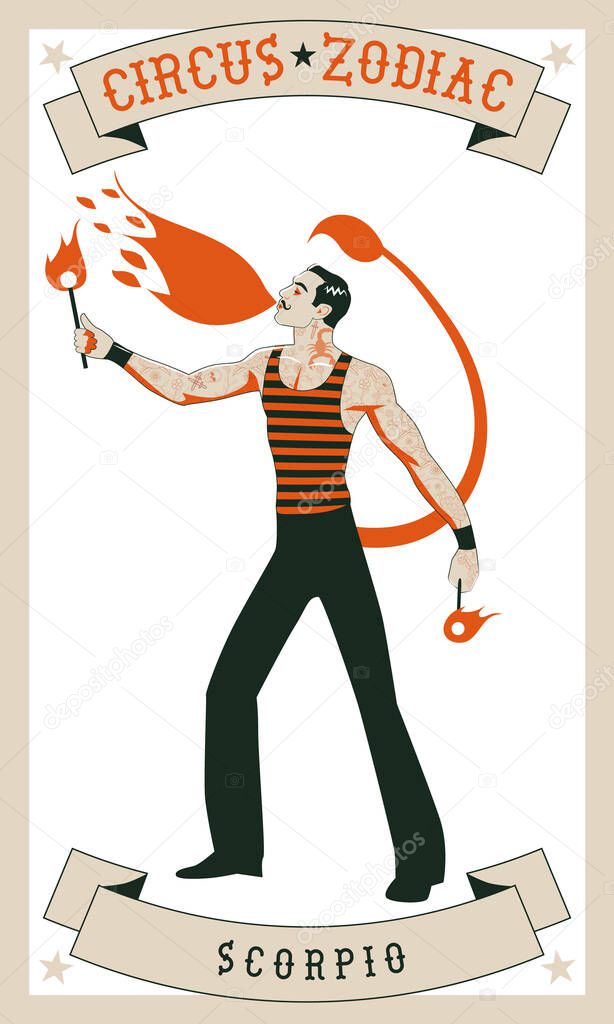 Zodiac Circus. Scorpio sign. Fire eater man blowing fire. Wearing old style clothes and tattoos. Scorpion tail shadow.