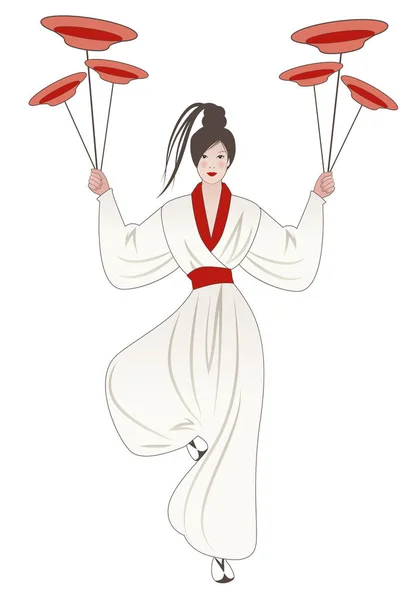 Młoda Orientalna Dziewczyna Kimono Trzymająca Naczynia Wyważone Słupie Odizolowana Białym — Wektor stockowy