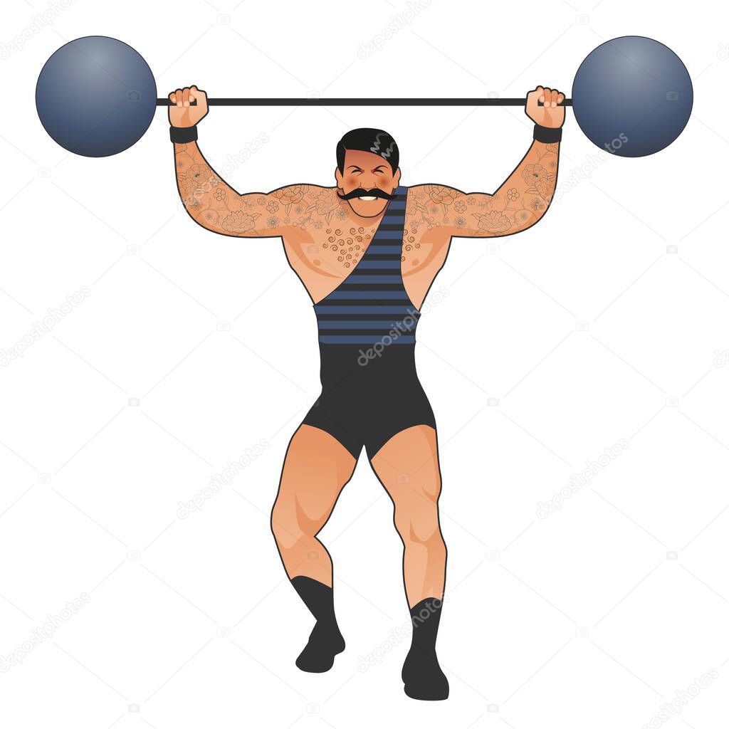 Tattooed and mustachioed strongman dressed in the old way, lifting weights, isolated on white background