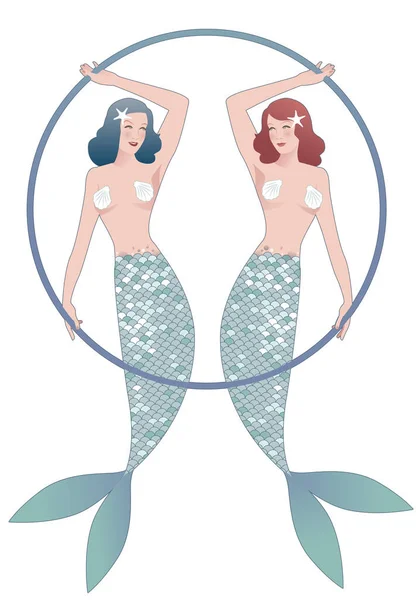 Two Beautiful Twin Mermaids Retro Pin Style Holding Hoop Isolated — Stock Vector