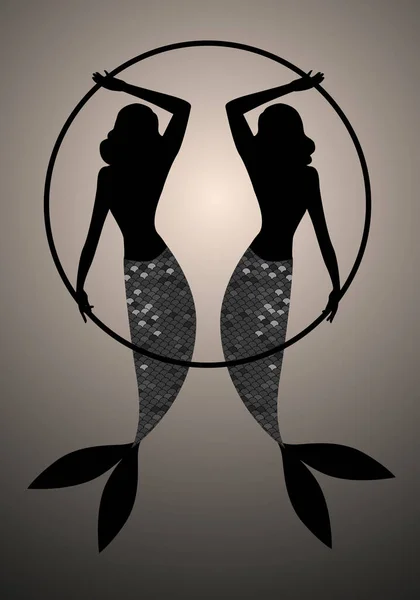 Backlit Silhouette Two Beautiful Twins Mermaids Retro Pin Style Holding — Stock Vector