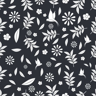 Çiçeksiz desen, yapraklar ve kuşlar siyah arka planda.