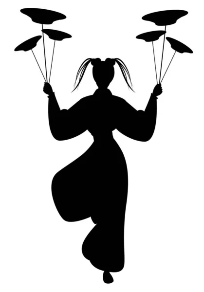 Silueta Chica Oriental Llevando Kimono Sosteniendo Platos Equilibrados Sobre Poste — Vector de stock