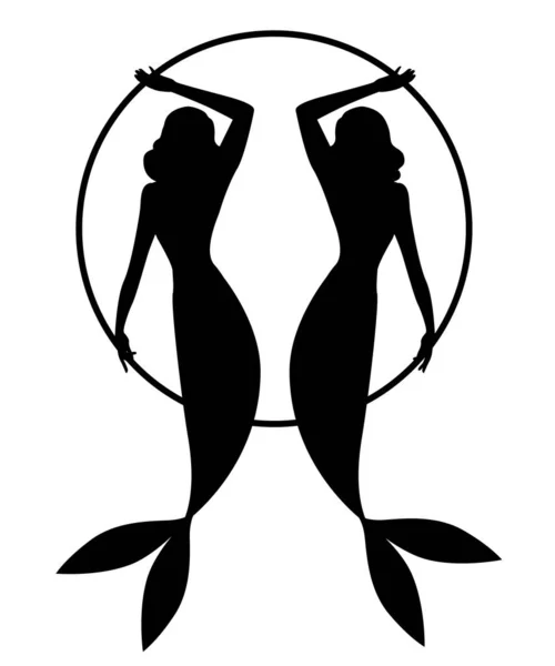 Silhouette Twins Mermaids Retro Pin Style Holding Hoop Isolated White — Stock Vector