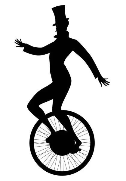 Silhouette Equilibrist Dressed Old Fashion Wearing Top Hat Balancing Unicycle — Stock Vector