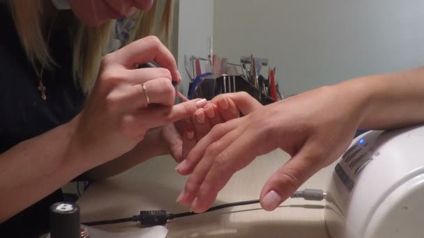 Il padrone fa una manicure in salone . — Video Stock