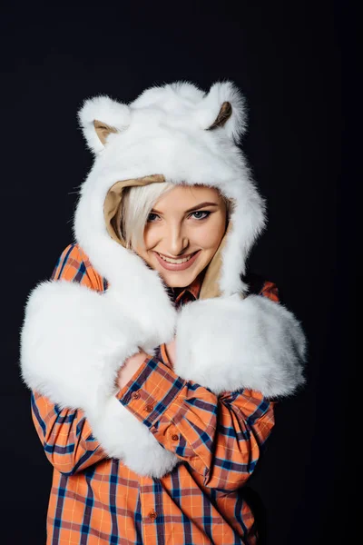 Beautiful sexy girl wearing white fur hat — Stock Photo, Image