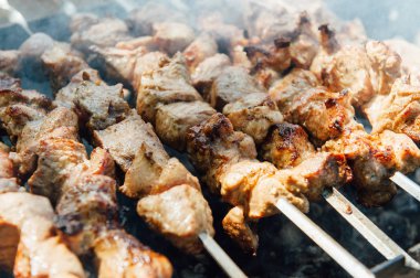 Bir mangal üzerinde hazırlanan domuz şiş kebap