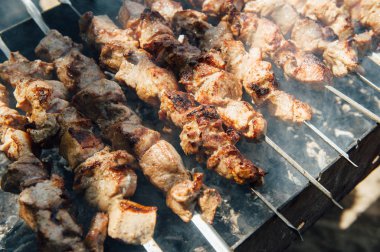 Bir mangal üzerinde hazırlanan domuz şiş kebap