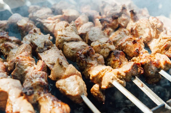 Bir mangal üzerinde hazırlanan domuz şiş kebap