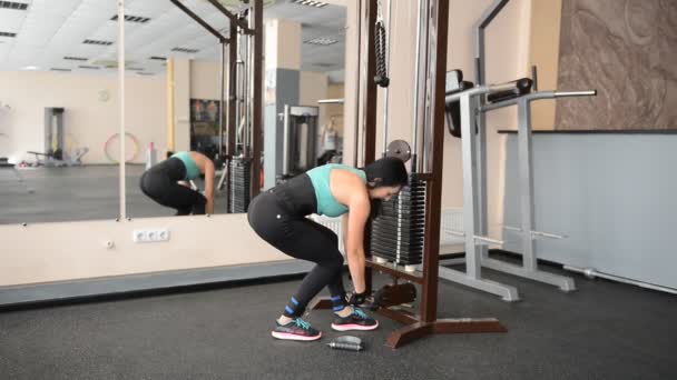 Cute fit girl doing exercises on the simulator — Stock Video