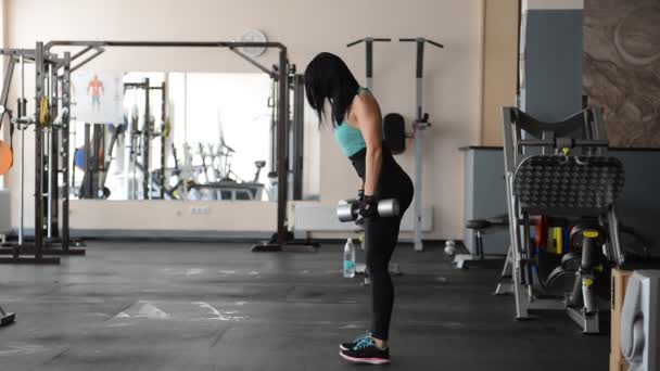 Hermosa chica en forma haciendo ejercicios con pesas — Vídeo de stock