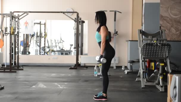 Hermosa chica en forma haciendo ejercicios con pesas — Vídeo de stock