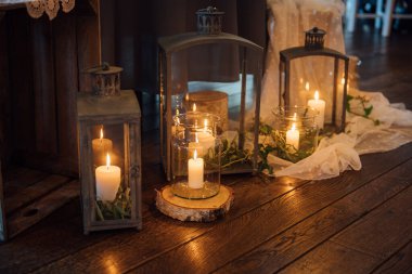 on festive table in wedding banquet. the table is decorated with compositions of greenery