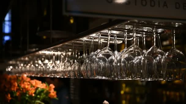 रेस्टॉरंटमधील बार रॅकच्या वरच्या बाजूला फाशी देऊन स्वच्छ वाइनचे चष्मा. बार्टेंडर चष्मा पुसून टाकतो — स्टॉक व्हिडिओ
