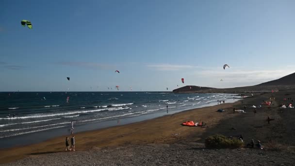 Wiele kolorowych latawców na plaży i kitesurfingu jazdy fale podczas wietrznego dnia — Wideo stockowe